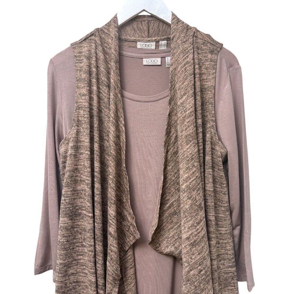 LOGO Lori Goldstein Vest & Tee Set Medium Pink Stretch Casual Boho Womens Top - Picture 4 of 10